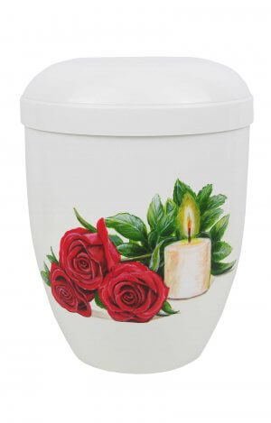 A lovely hand-painted rose and candle urn with delicate artwork on blush white.