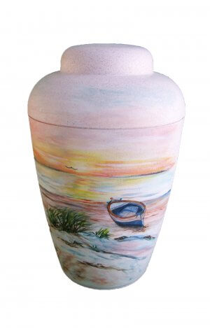 en BW1505 boat on the sea sunset yellow orange funerl urn biodogradable