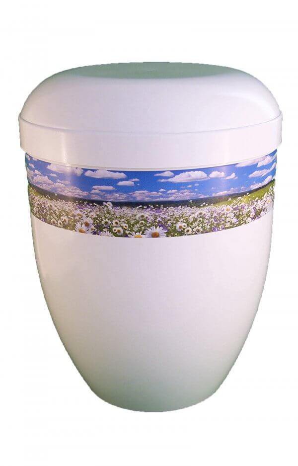 En Bwg3703 Biodigradable Urn White Glossy Panorama Flower Meadow Funeral Urns On Sale