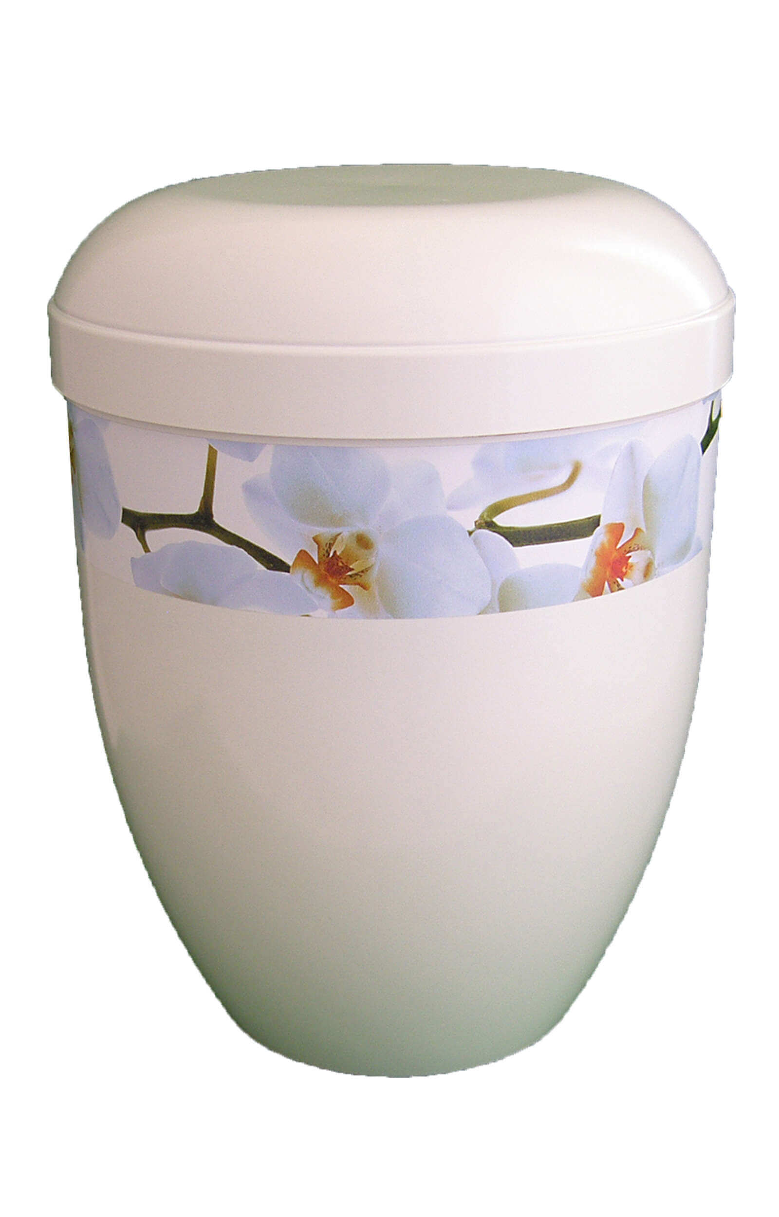 Glossy orchid panorama urn in stunning white, biodegradable.