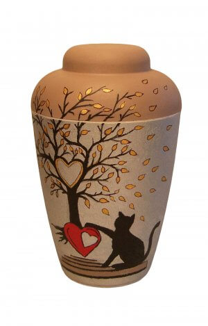 Hand-painted urn with cat and tree of life