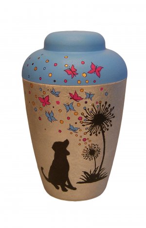 Hand-painted urn with a dog and butterflys