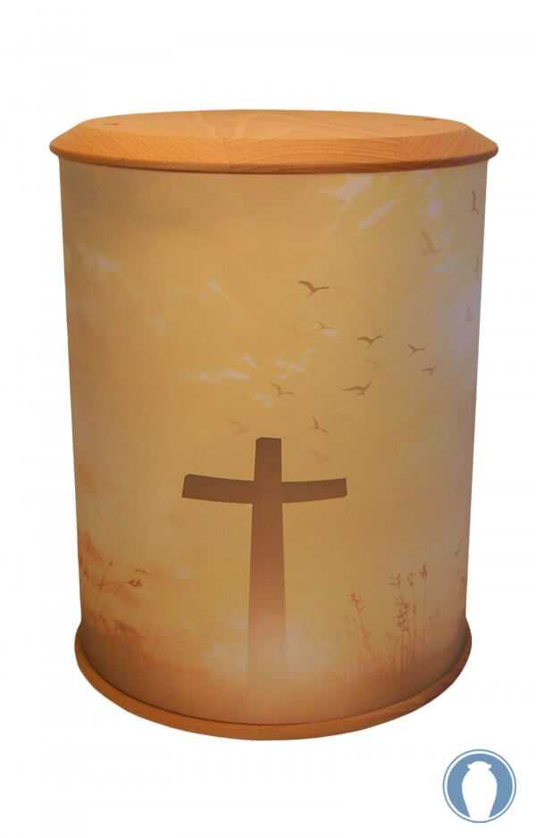 Heavenly Biodegradable Cremation Urn with a divine cross depicted on its side