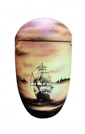 hand painted sea urn with a boat in sunset light