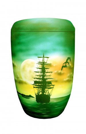 hand painted sea urn with boat in the moonlight