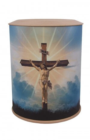 biodegradable photo urn with cross in the sky and jesus