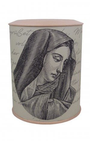 biodegradable photo urn with holy virgin mary in black and white