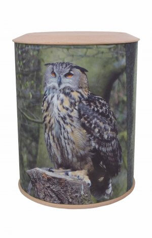 biodegradable photo urn with eagle owl