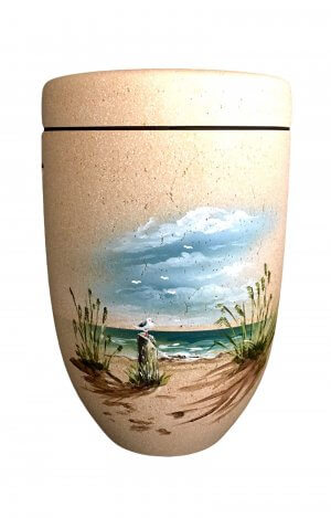 Biodegradable Urn out of shell limestone with the beach