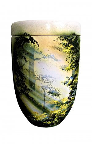 Biodegradable Urn out of shell limestone with forest and sunlight