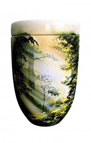 Biodegradable Urn Out Of Shell Limestone With Forest And Sunlight