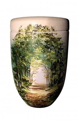 Biodegradable Urn out of shell limestone with forest path