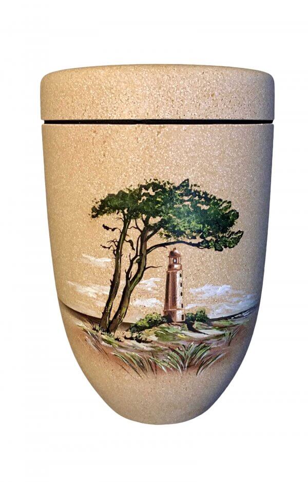 Biodegradable Urn Out Of Shell Limestone With Tree And Lighthouse