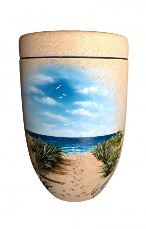 Biodegradable Urn out of shell limestone with path to the ocean