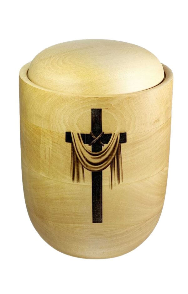 Wooden Basswood Urn With Cross Engraving