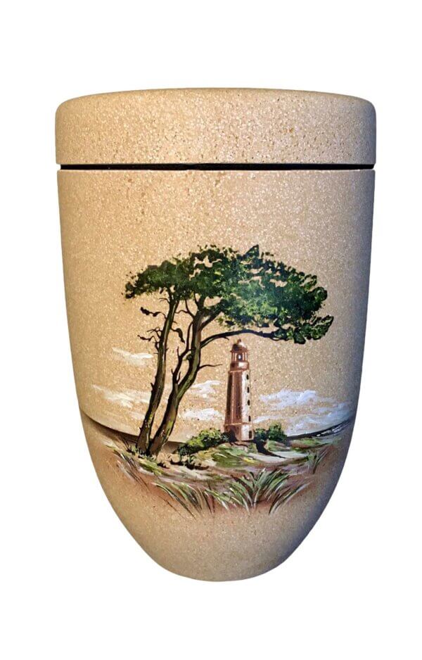 Sea Urn With Tree And Lighthouse Out Of Shell Limestone
