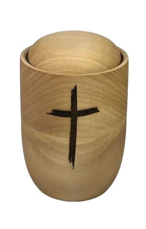 Wooden basswood urn with holy cross engraving