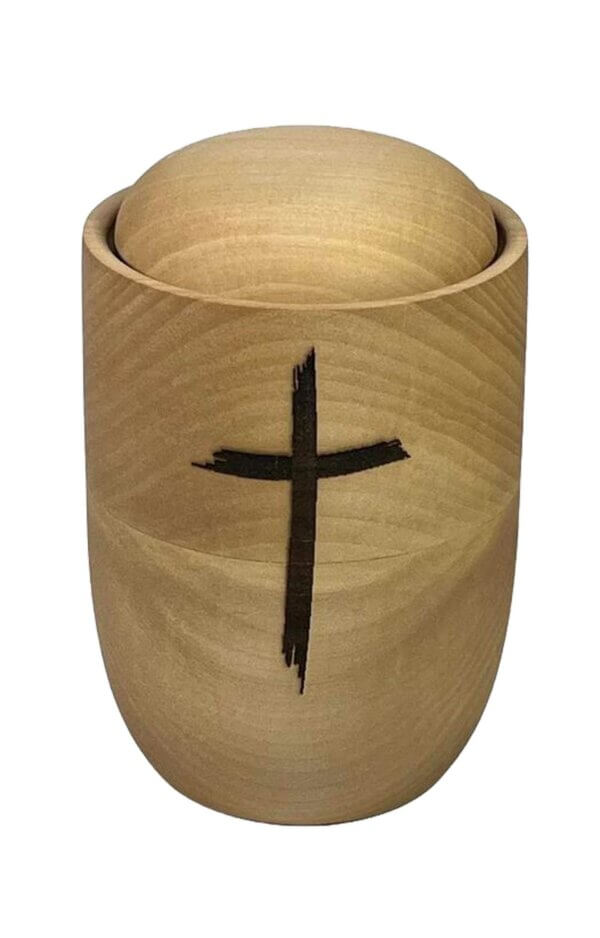 Wooden Basswood Urn With Holy Cross Engraving